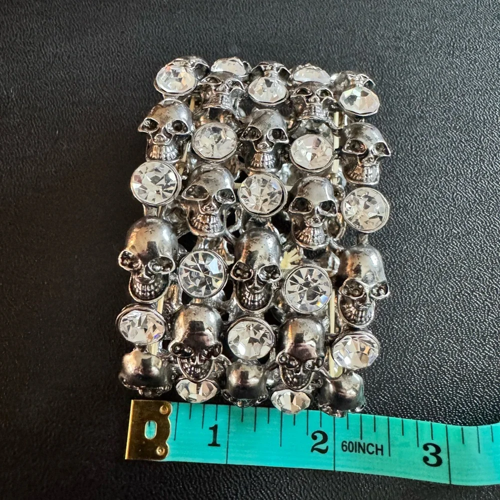 Silver Skull and Crystal Chunky Rhinestone Stretch Bracelet - Picture 5 of 6